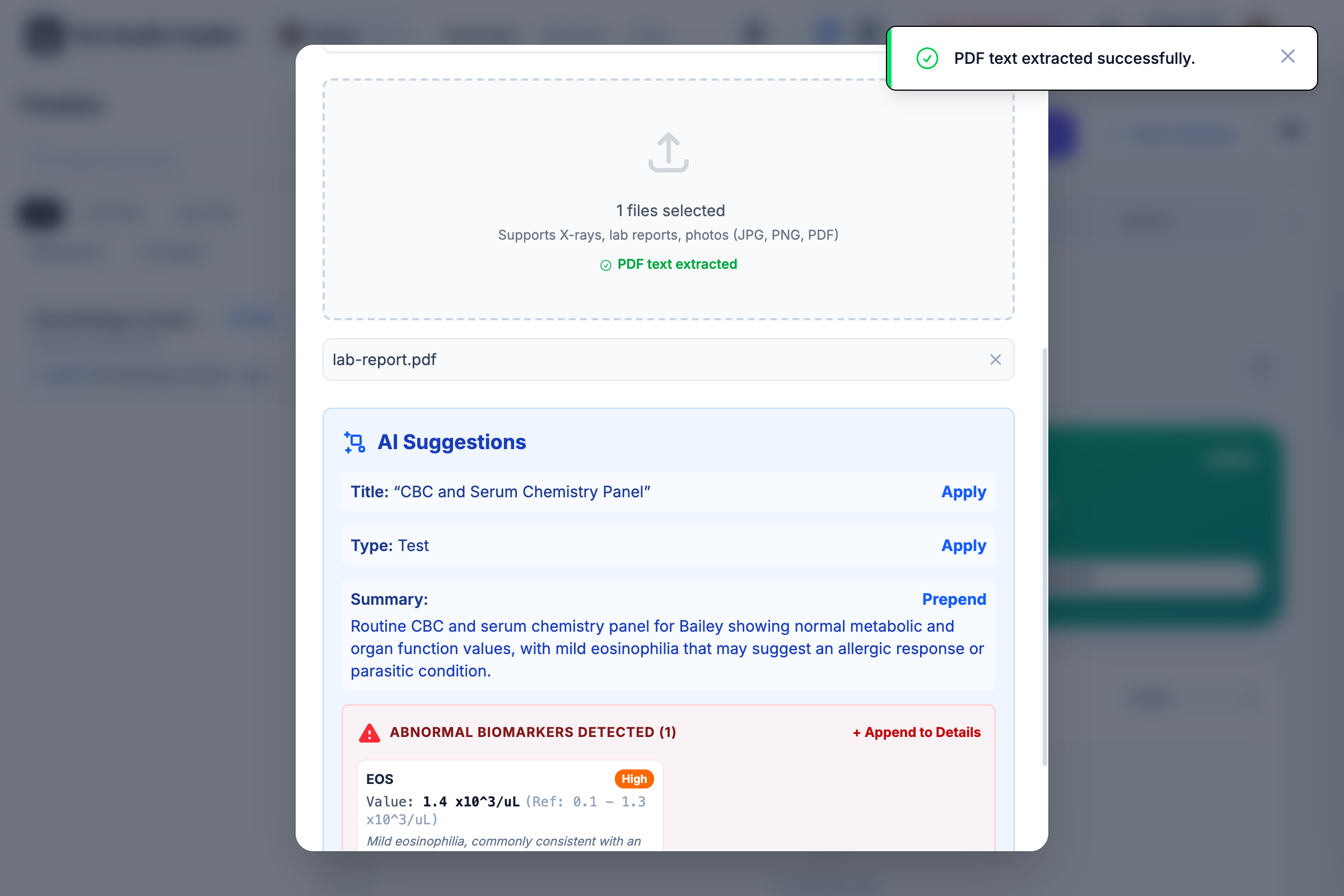 Upload flow showing AI-suggested title/type/summary — F-2 app screenshot