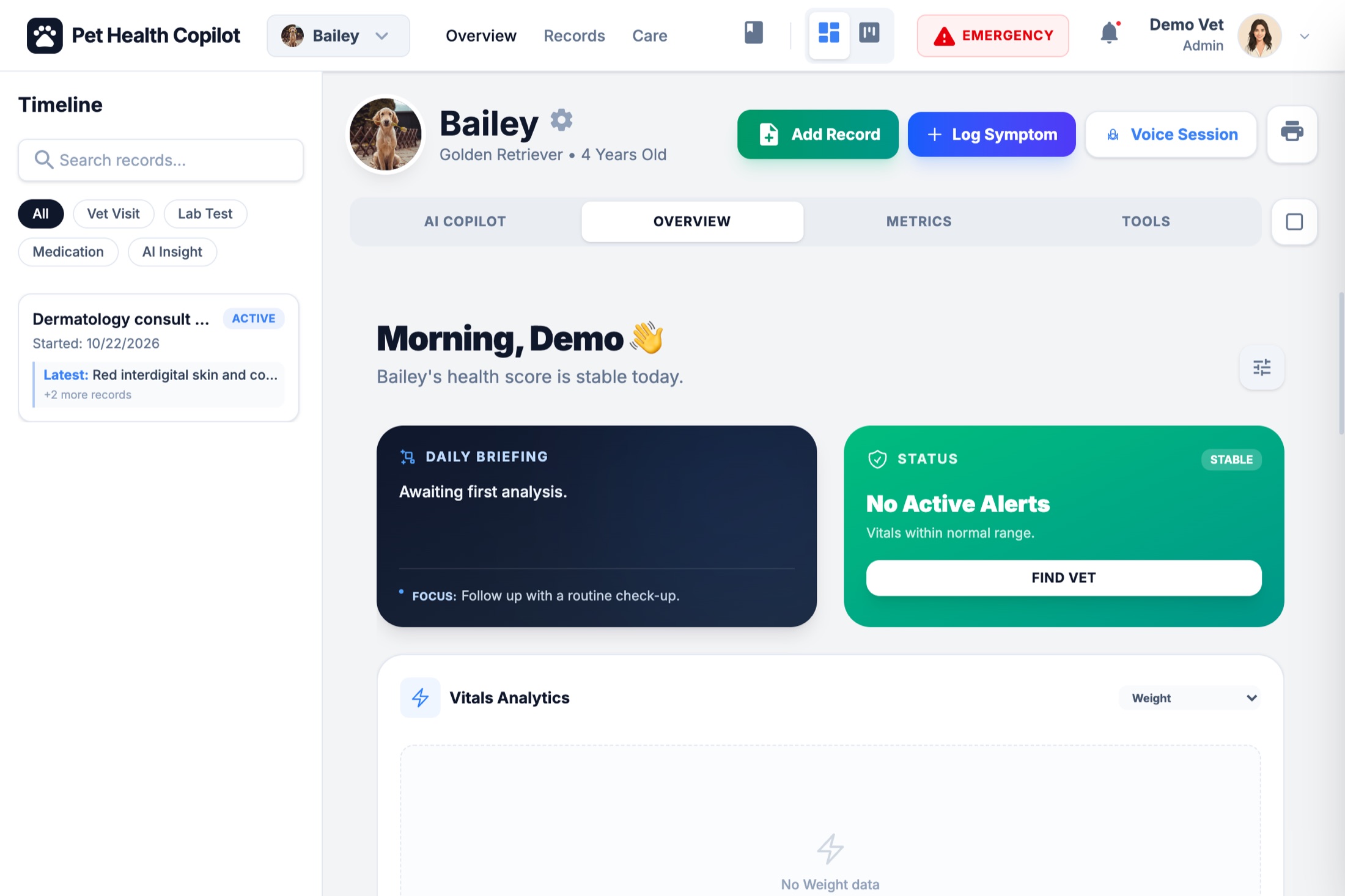 Pet profile dashboard with episode timeline — H1-A app screenshot